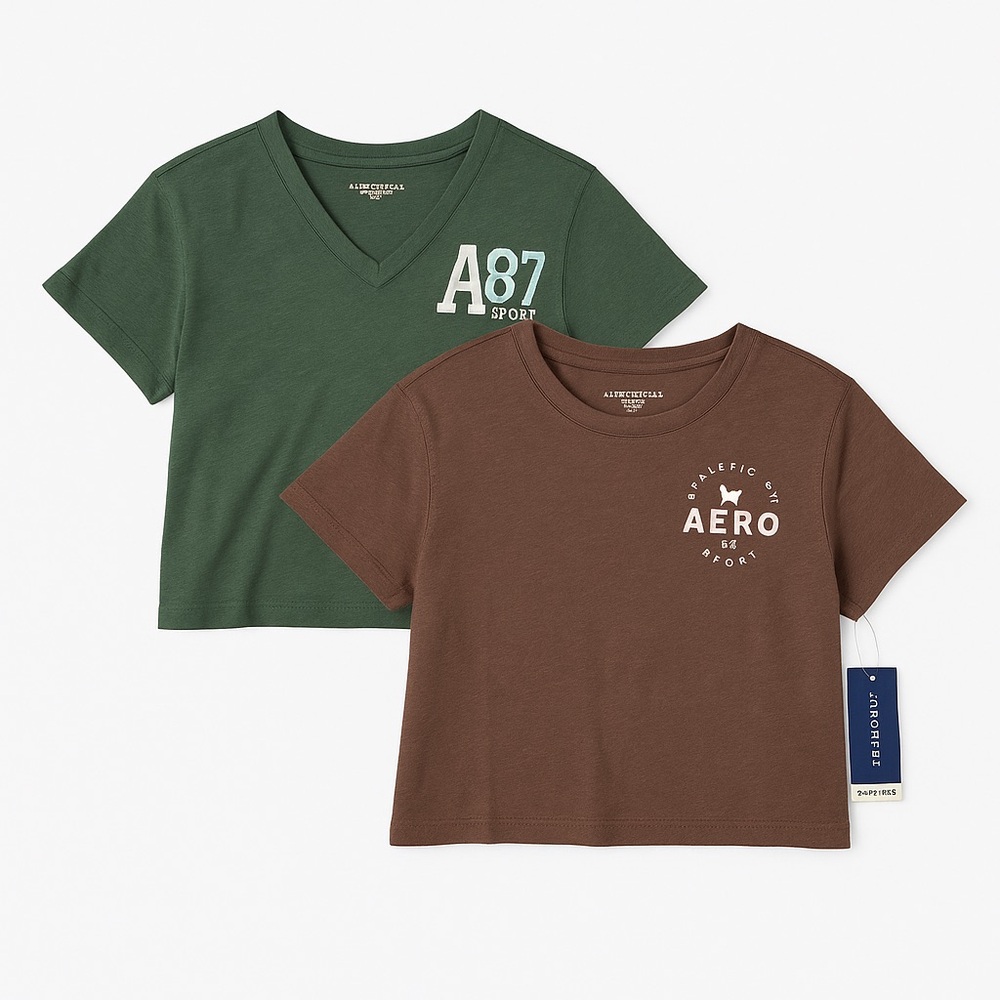 Aeropostale Green and Brown Short Sleeve Tees Casual Cotton Crew SET 2